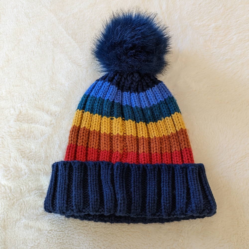 Great Condition: San Diego Hat Company Women's Large Rainbow Knit Pom Pom Beanie